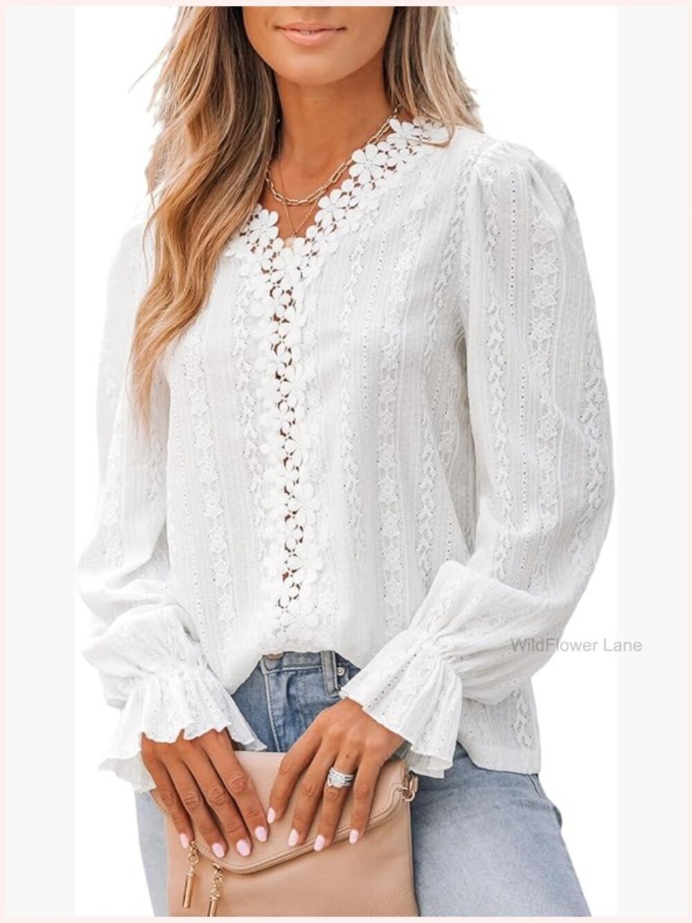 Floral Lace Trumpet Sleeve V-Neck Blouse Long Sleeve Top
